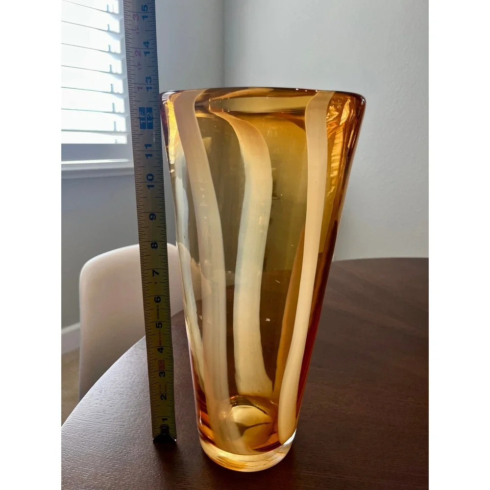 Vintage Murano Style Amber Glass Ribbon Vase Mid Century Hand Blown
